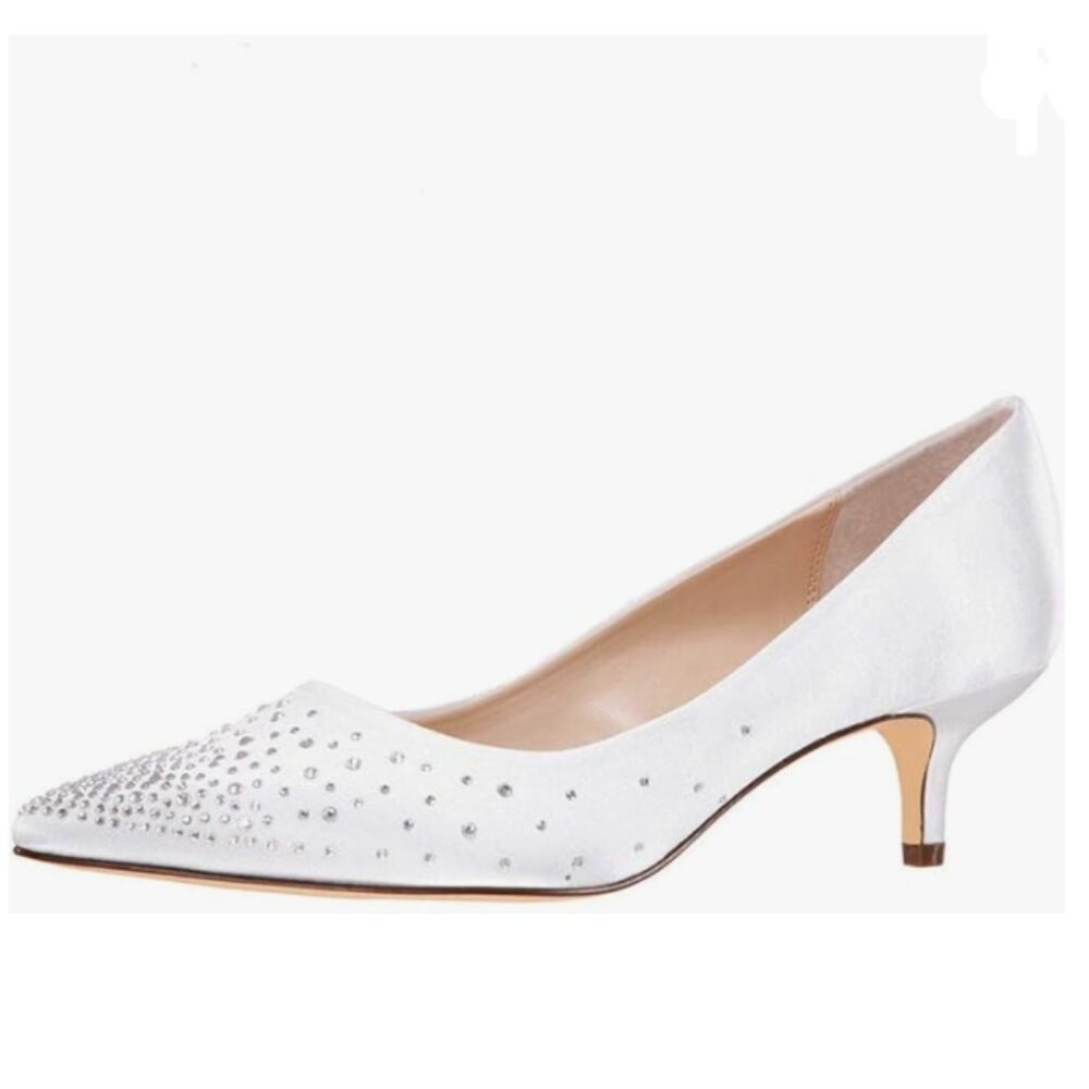 XYD White Rhinestones Studs Pumps Slip On Kitten Low Heels Sexy Bridal Shoes